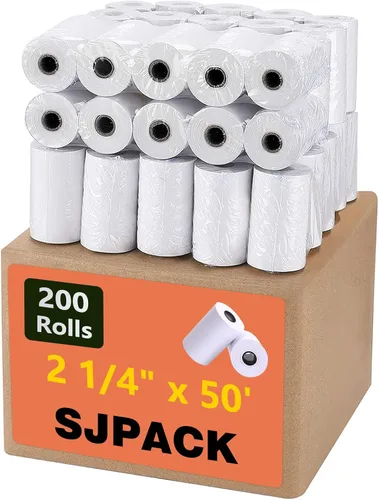 SJPACK Rollo de papel térmico de 2-1/4" x 50'-200 paquetes de papel de recibo POS, adecuado para cajas registradoras, terminales de tarjetas de