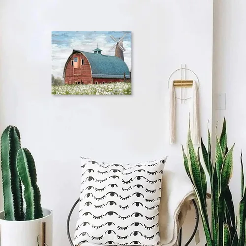 Miniatura 6 de Woxfcart Lienzo rústico de granero rojo para pared, obra de arte de granja con bandera estadounidense y molino de viento para decoración de pared