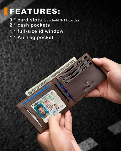 Miniatura 9 de Billetera AirTag para hombre, de piel auténtica plegable con bloqueo Rfid AirTag con ranuras para efectivo y ventana de identificación, compatible