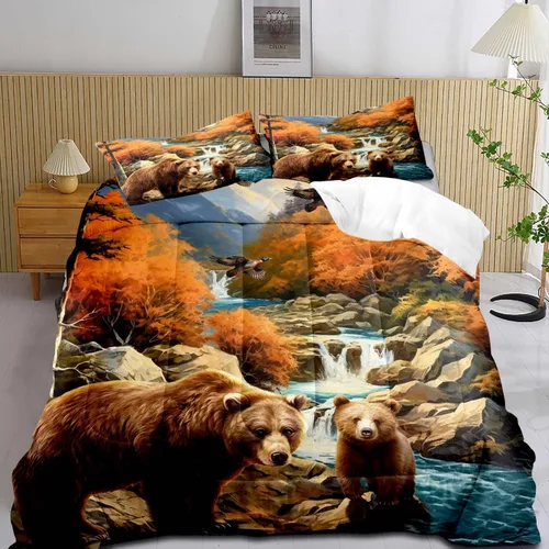 Miniatura 17 de LUVIVIHOME Juego de edredón de 3 piezas con diseño de osos negros y ciervos tamaño King, con estampado de alces, alces, patos Mallard, animales Oso