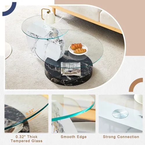 Miniatura 5 de Mesa de café de 35" de vidrio ｜ Mesa de café redonda ｜ Diseño de 3 niveles con superficie de vidrio templado ｜ Base de madera en color negro