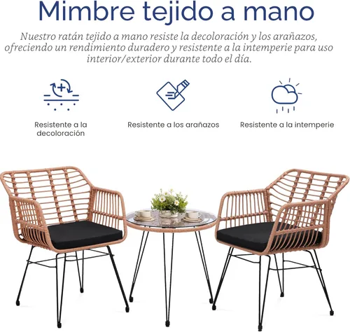 Miniatura 7 de KROFEM - Juego de 3 piezas de muebles de mimbre para patio estilo bistró, incluye 2 sillas de ratán y mesa con tapa de vidrio, ideal para porche