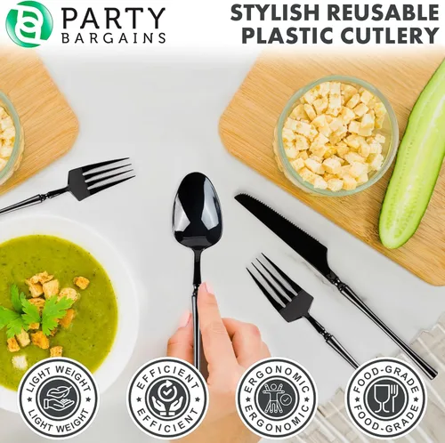 Miniatura 7 de Party Bargains Juego de cubiertos negros de plástico desechable, utensilios de diseño moderno infinito, paquete de 40: 16 tenedores, 8 cuchillos, 16