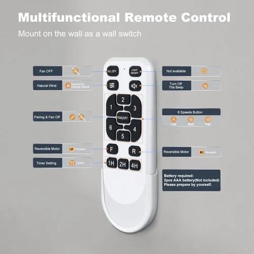Miniatura 7 de Ventilador de techo de 65 pulgadas sin luz - Ventilador de techo negro con control remoto y APP, motor CC reversible silencioso, 6 aspas