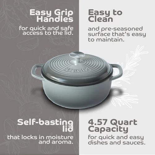 Miniatura 5 de Segretto Cookware Horno holandés de hierro fundido esmaltado con tapa, 4.57 cuartos de galón, Grigio Scuro (gris degradado) Horno holandés