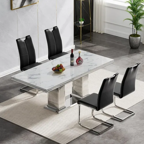 Miniatura 61 de Juego de mesa de comedor de 5 piezas, moderno juego de mesa de comedor para 4, 70 pulgadas, juego de mesa de comedor de mármol sintético blanco