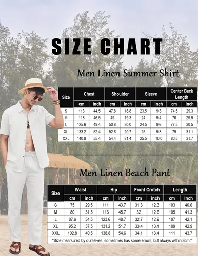 Miniatura 7 de COOFANDY Conjunto de 2 piezas de lino para hombre, conjunto de camisa y pantalón con botones para la playa