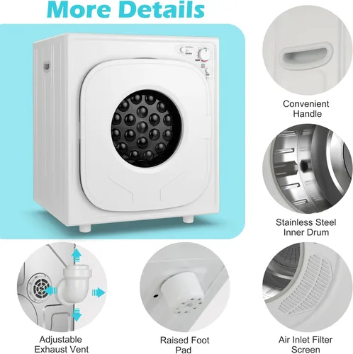 Miniatura 7 de Secadora portátil de acero inoxidable con panel táctil, 2 modos, 4 programas de secado y ventilación de escape ajustable, 13.2 libras, carga