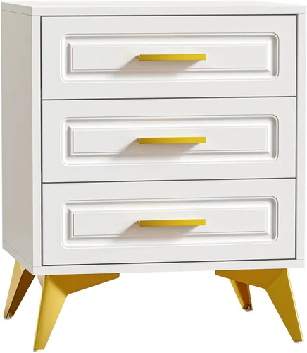 Miniatura 9 de Giluta Mesita de noche blanca con 3 cajones, moderna mesita de noche con patas y asas de metal macizo dorado, mesa de noche de madera, mesa auxiliar