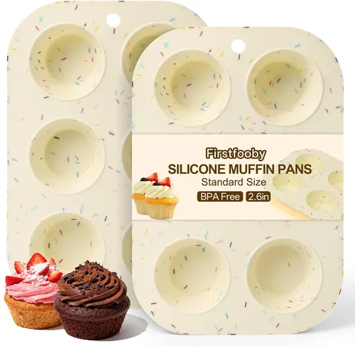 2 Pack Molde de silicona para magdalenas para hornear, molde de cupcakes antiadherente de tamaño normal, molde de silicona para magdalenas de 6 Crema