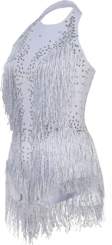 Miniatura 9 de Body blanco brillante con diamantes de imitación para mujer, traje de drag queen, trajes de baile con flecos