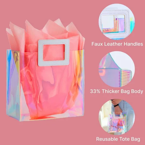 Miniatura 4 de Bolsa de regalo holográfica con papel de seda, reutilizable, bolsa de regalo de cumpleaños para mujeres y niñas, iridiscente, despedida de soltera
