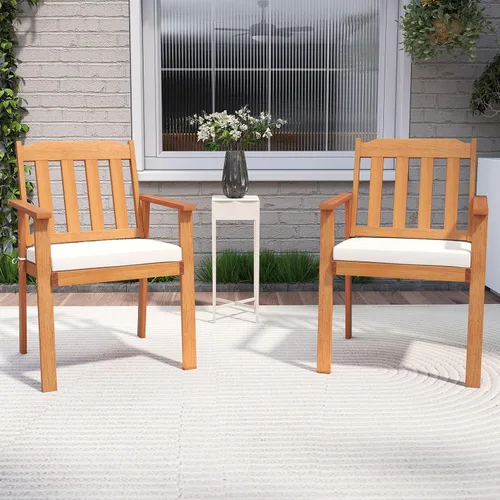 Miniatura 2 de Tangkula Juego de 2 sillas de patio de madera de acacia, sillones de comedor al aire libre con cojín suave y respaldo de listones, sillas de bistró