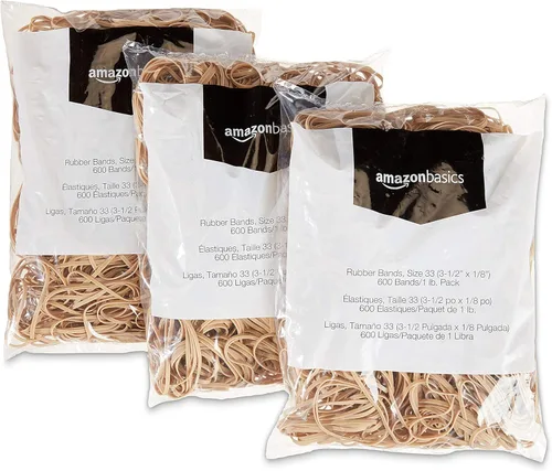 Miniatura 3 de Amazon Basics Bandas de goma, suministros de oficina, tamaño 33 (3-1/2 x 1/8 pulgadas), elásticas, 600 bandas/paquete de 1 libra, paquete de 3