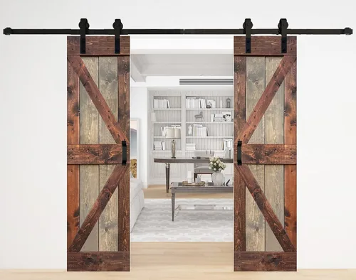 Miniatura 39 de Serie K de 60 x 84 pulgadas (30 x 84 pulgadas x 2 paneles) Puerta corredera clásica de madera maciza con acabado de nogal con riel de herrajes