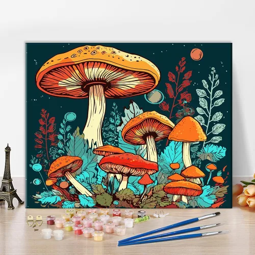 Pintura por números Colorida de hongos y luna, pintura por números para adultos, pintura con pinceles, kits de pintura por números para adultos