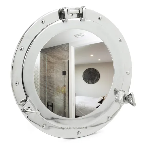 Miniatura 3 de Nagina International Espejo náutico niquelado prémium para ojo de buey de barco de 12 pulgadas Espejo plano de decoración de pared marítima