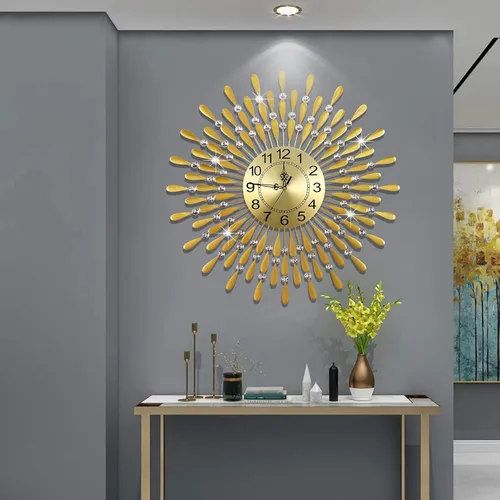 Miniatura 8 de Reloj de pared grande de metal, decorativo, 3D, sin tictac, silencioso, de cuarzo, con números arábigos, para sala de estar, hogar, cocina, Oro ~