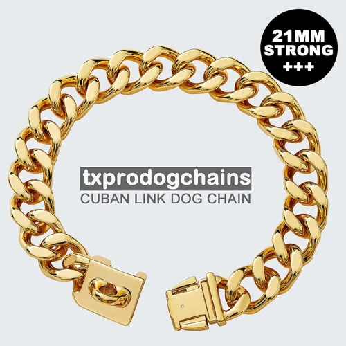 Miniatura 7 de txprodogchains Collar de cadena para perro grande con hebilla, resistente de 0.827 in de grosor, acero inoxidable, oro de 18 quilates, cadena