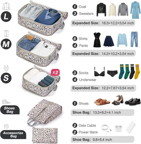 Miniatura 4 de Juego de 6 cubos de compresión para maletas, cubos de embalaje con bolsa de zapatos, bolsa grande de cosméticos, bolsa de ropa, bolsas