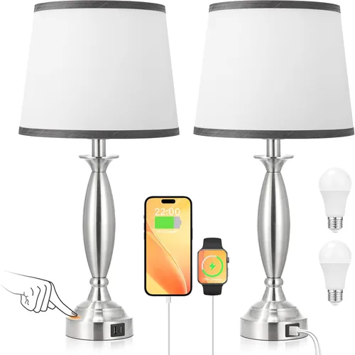 Miniatura 12 de Juego de 2 lámparas blancas para dormitorio, lámpara de noche de control táctil con USB C+A, lámparas de mesita de noche regulables de 3 vías