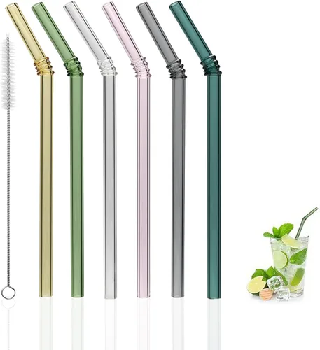 Miniatura 6 de 6 popotes de vidrio curvo coloridos reutilizables, 8 pulgadas, inastillables y resistentes al calor, incluye 2 cepillos de limpieza