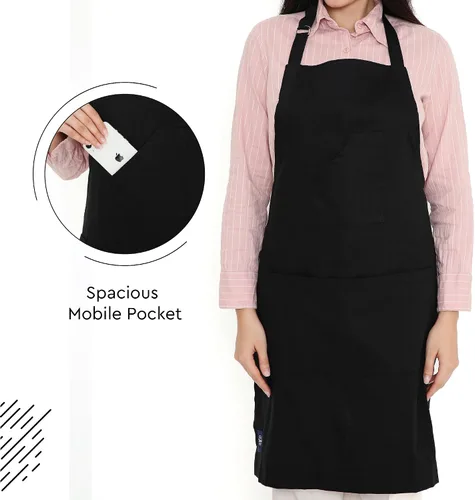 Miniatura 2 de Encasa XO Delantal de algodón ajustable con bolsillos y toallero de tamaño 27 x 33 pulgadas (negro completo) para hombres y mujeres, chefs