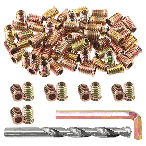 Miniatura 12 de Swpeet 60 piezas de insertos de madera chapados en zinc de 1/4"-0.787 x 0.394 in de color acero al carbono y taladro giratorio de 0.433 in con 1 kit