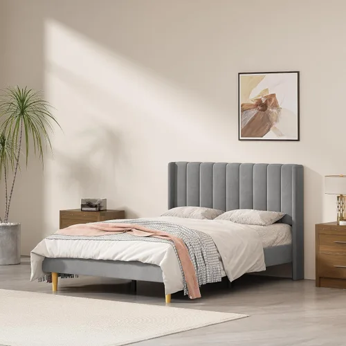 Miniatura 41 de Base de cama Queen con cabecero, base de cama de plataforma con respaldo de terciopelo vertical copetudo, soporte de listones de madera, no necesita
