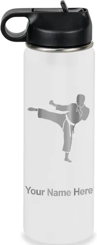Miniatura 76 de Botella de agua personalizada LaserGram, Karate Man, de acero inoxidable con doble pared aislada al vacío con tapa abatible, regalo personalizado
