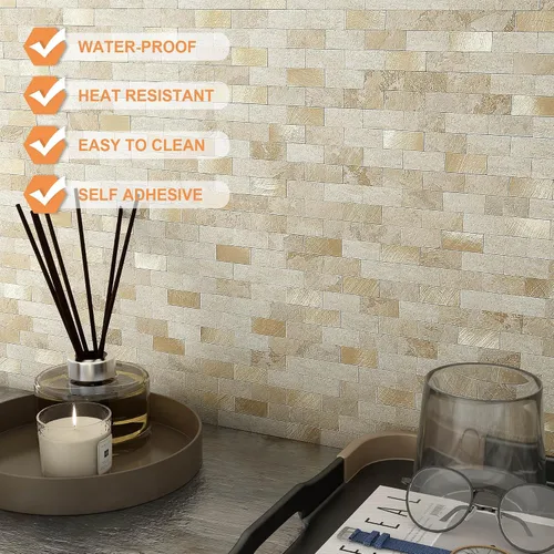 Miniatura 5 de VAOVI Adhesivo de pared de ladrillo con aspecto de mármol para despegar y pegar, azulejos de mosaico en muro de cocina y baño (5 hojas, mezcla beige)
