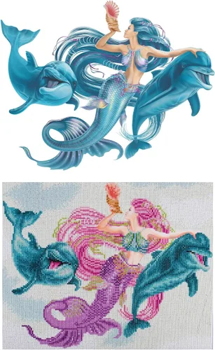 Miniatura 6 de DIAMOND ART BY LEISURE ARTS Kits de pintura de diamantes para adultos de 14 x 16 pulgadas, sirena avanzada y amigos, taladro completo, kits de arte