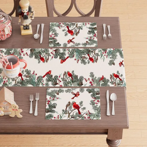 Miniatura 3 de Juego de 6 manteles individuales XCHI con pájaros cardenales, árbol de pino de invierno, Navidad, decoración de mesa para fiesta, hogar, cocina