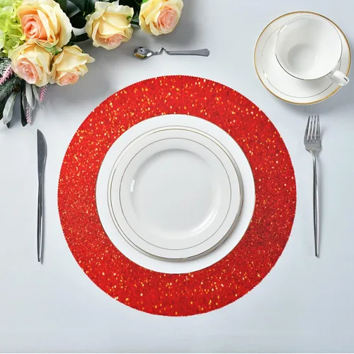 Miniatura 5 de Juego de 4 manteles individuales redondos de lentejuelas rojas con purpurina roja, juego de 4 manteles individuales de 15.4 pulgadas para cocina