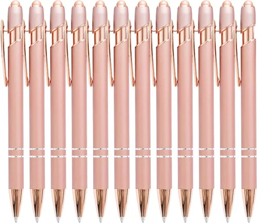 PASISIBICK 12 bolígrafos de color oro rosa con punta de lápiz capacitivo, 2 en 1, lápiz capacitivo de metal para pantallas táctiles, tinta negra de