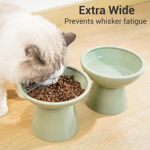 Miniatura 5 de CEEFU Cuenco de agua elevado extra ancho de cerámica para gatos, plato más profundo de 6.2 pulgadas para aliviar la fatiga de los bigotes, 5 Verde