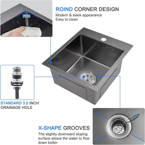 Miniatura 6 de Fregadero de cocina de 15 x 17 pulgadas, fregadero de barra de cocina de 18 calibres de acero inoxidable con un solo orificio para grifo, fregadero