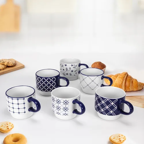 Miniatura 7 de Schliersee Juego de 6 tazas de café de cerámica apilables de 12 oz, taza pequeña con patrón geométrico floral, taza de café de porcelana azul