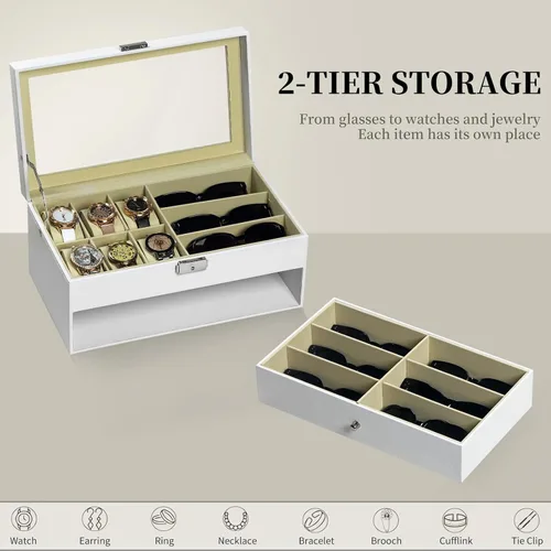 Miniatura 6 de AUTOARK AW-131 - Caja de cuero para 6 relojes, joyero y 9 piezas para guardar lentes de sol y lentes de sol, cajón organizador con cerradura