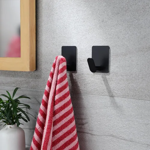 Miniatura 3 de YIGII Ganchos Adhesivos, Paquete de 4 Ganchos Negros para Toallas para Baño y Cocina, Gancho de Pared de Acero Inoxidable Impermeable para Colgar