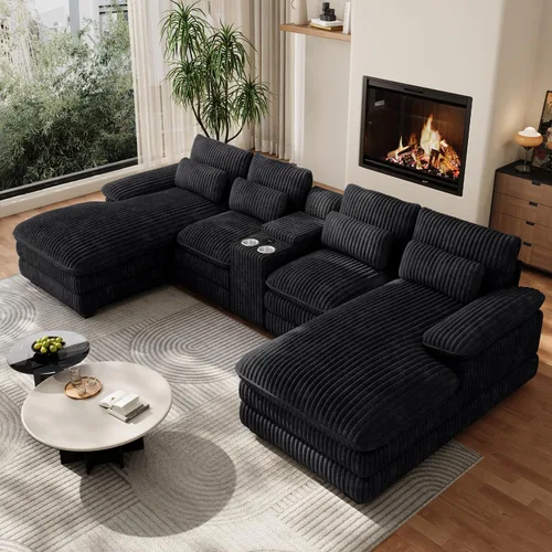 Sofá seccional en forma de U de 132 pulgadas, mullido y afelpado de pana de 4 asientos, sofás seccionales color negro para sala de estar, cómodo