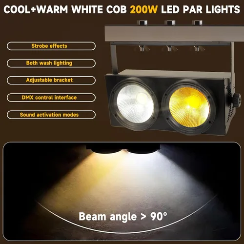 Miniatura 2 de MAD OWL Luces LED de 200 W, 2 ojos fríos y blancos cálidos, control DMX, activación de sonido, estroboscópico COB para teatro, iglesia, eventos