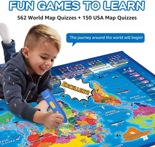 Miniatura 5 de Qiaojoy Mapa Interactivo Bilingüe para Niños Mapa Parlante de EE.UU. Mapa del Mundo para Niños Aprendizaje, Juguetes Juegos de Geografía Mapa