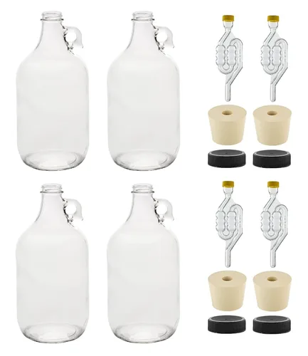 North Mountain Supply Jarra de fermentación de vidrio transparente de 1/2 galón con asa, juego de 4, incluye 6.5 tapones de goma, 6 esclusas de aire