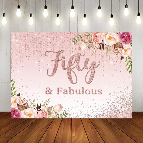 Miniatura 5 de Mocsicka Fifty Fabulous - Telón de fondo floral con puntos dorados para fotografía de cumpleaños 50 para mujeres, de vinilo, para retratos, cabina