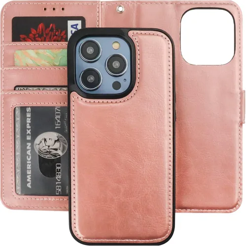 Miniatura 13 de Bocasal Funda tipo cartera desmontable para iPhone 14 Pro con bloqueo RFID, ranuras para tarjetas, soporte magnético de piel sintética de alta Negro