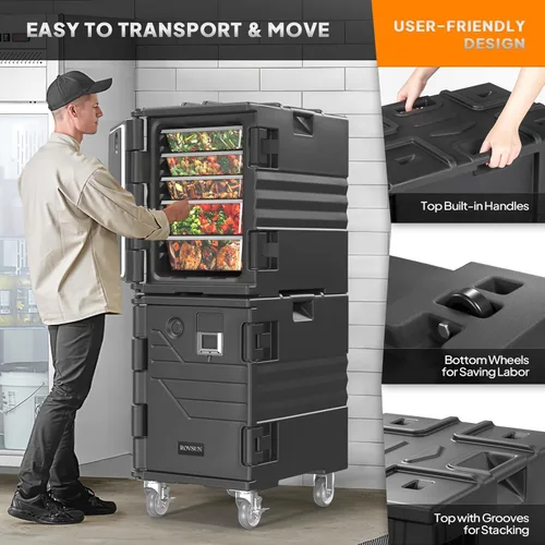 Miniatura 5 de ROVSUN Caja Calentadora de Alimentos, Porta Comida Aislada con Ruedas Bloqueables Dobles Hebilla y Asas, Cajas Calientes Apilables para Restaurante