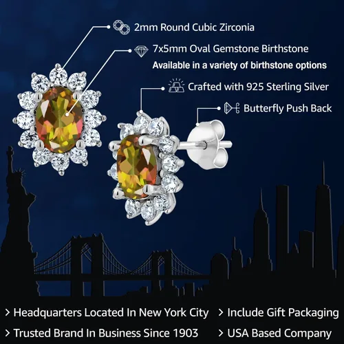 Miniatura 17 de Gem Stone King Aretes ovalados de plata de ley 925 de 0.276 x 0.197 in con piedra natal de la princesa Diana, estilo halo real para mujeres