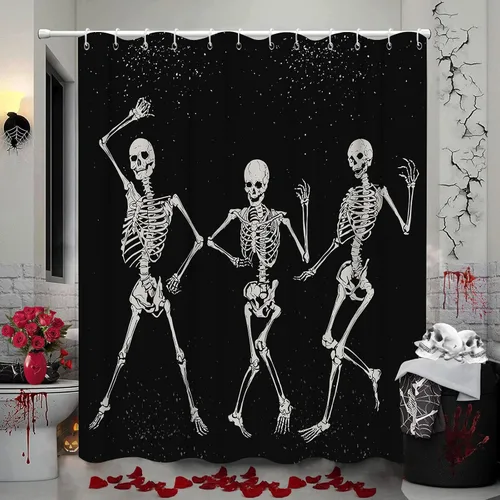 Miniatura 14 de Bonita cortina de ducha de Halloween, fantasmas divertidos y espeluznantes, juego de cortina de ducha de poliéster blanco y negro con 12 ganchos