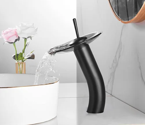 Miniatura 7 de Grifo de cascada, negro, 1 agujero, latón macizo sin plomo, control de temperatura y flujo con una manija de palanca